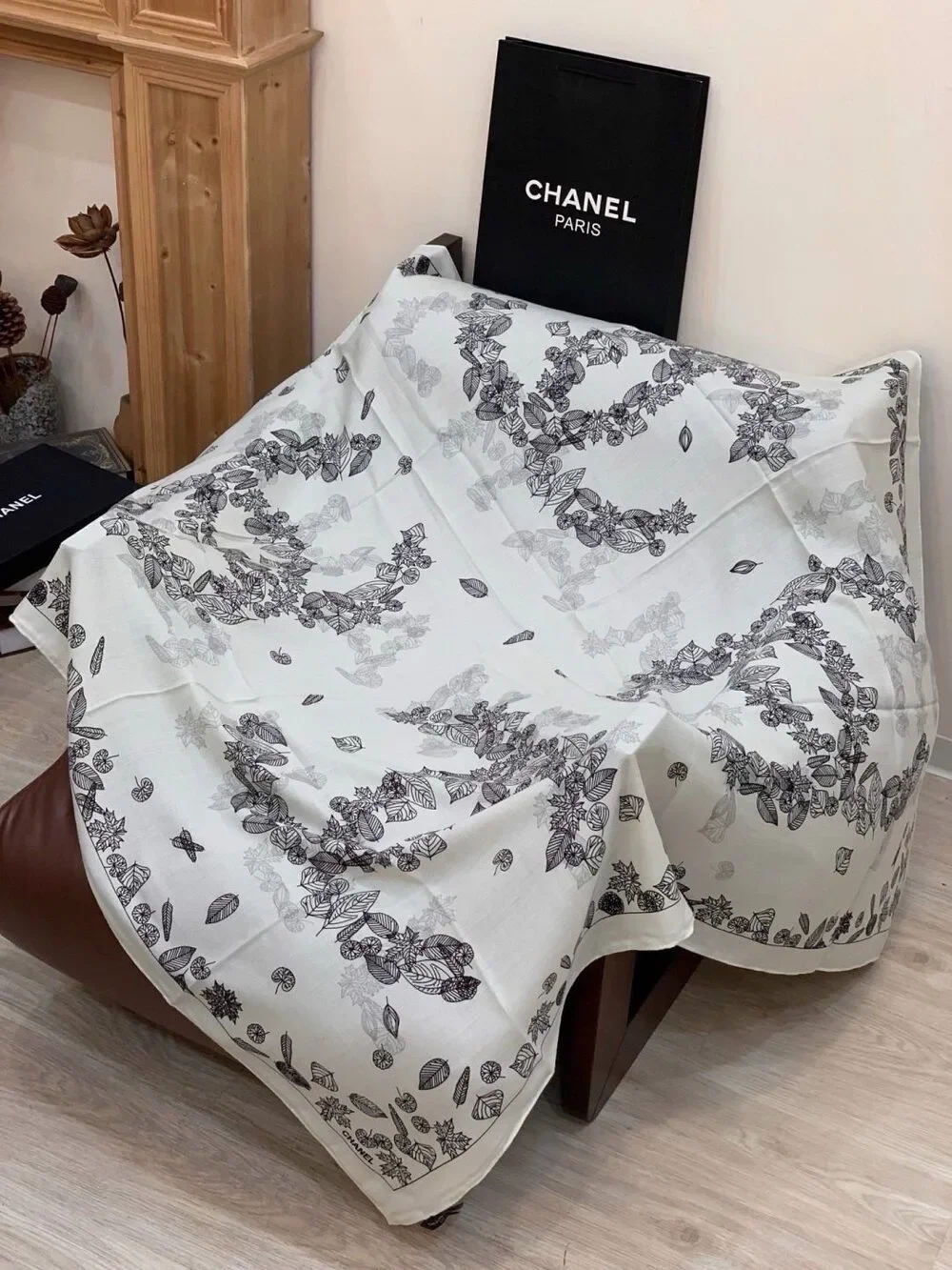 CHANEL Leaf Print Lightweight Scarf